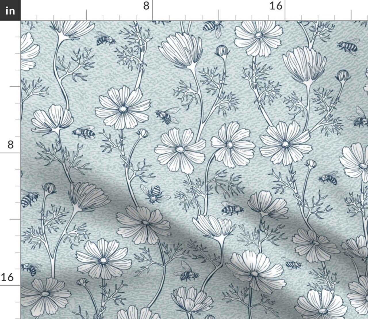 Bees And Flowers Blue Floral Hand Drawn Honey Bee Large Scale Custom Printed Fabric by Spoonflower Various Fabrics by the Yard or Fat Quarter